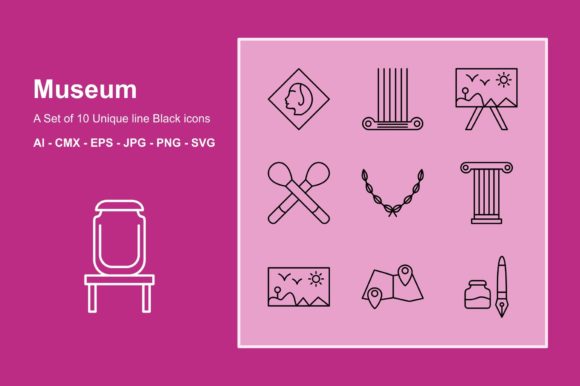 Museum Line Black Icon Set for Local Business Graphics